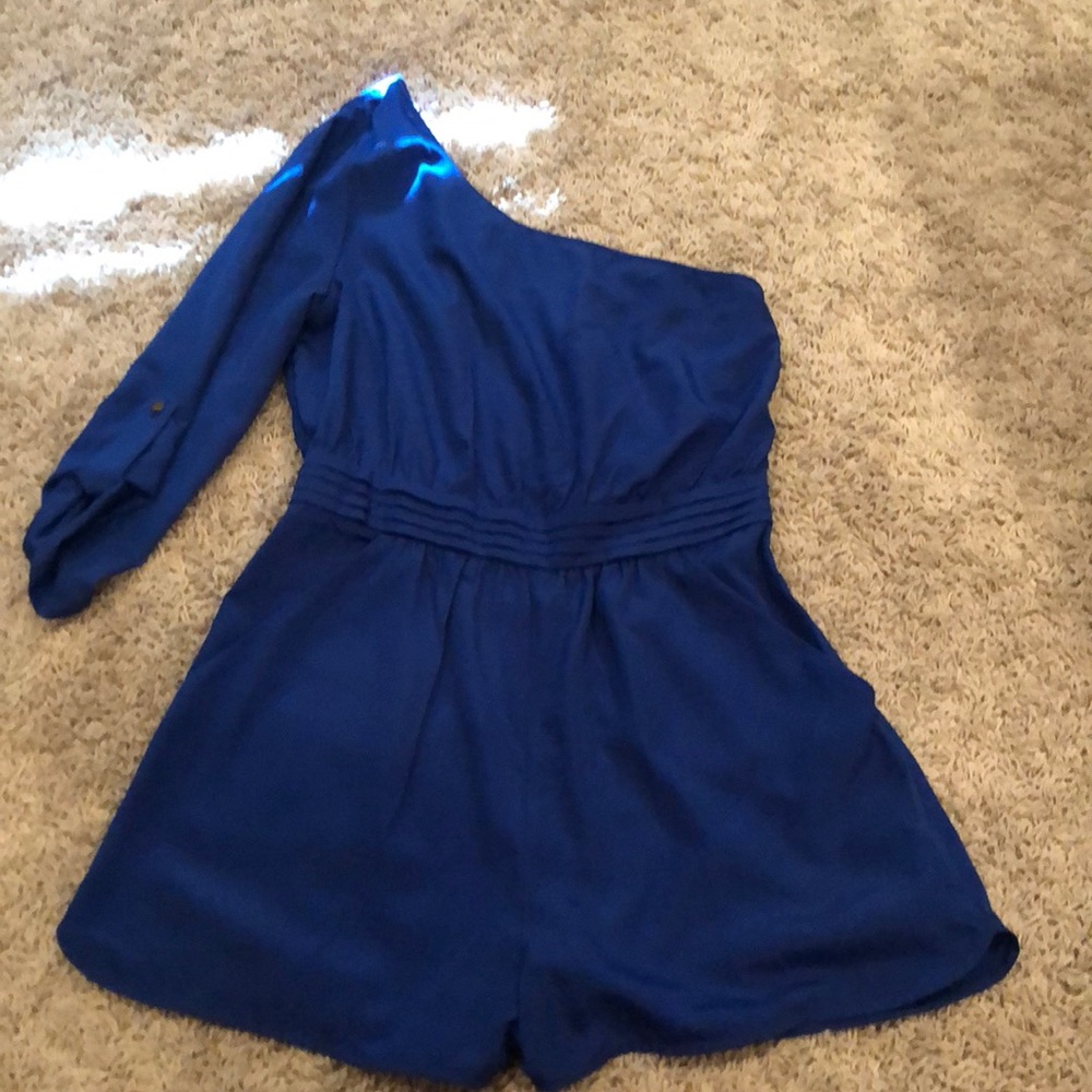 Blue one shoulder romper with pockets
